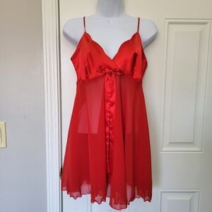 Victorias Secret Vintage 90s Red Satin Chemise Gown Slip Bow Accent Sheer M